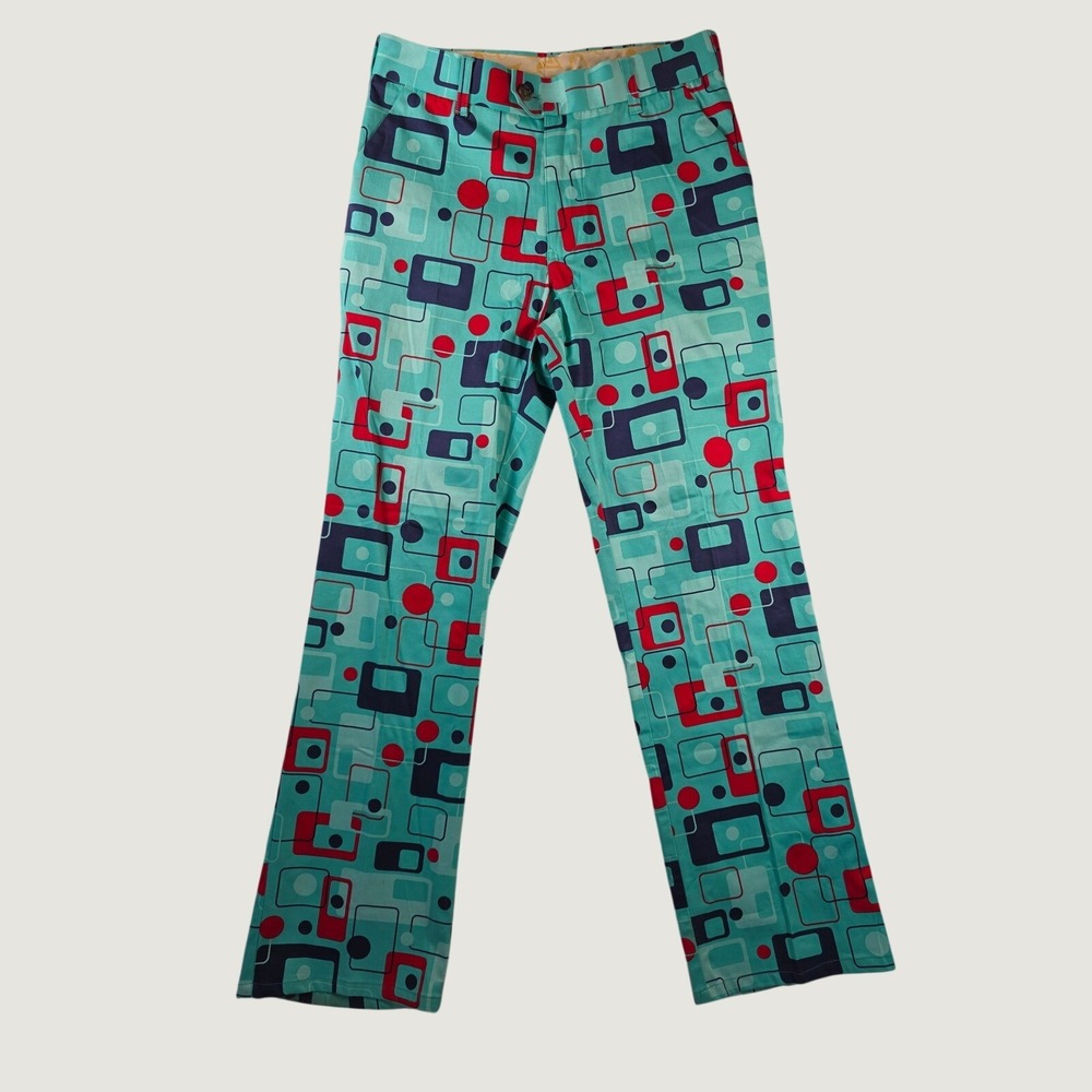 Loudmouth Golf Pants Retro Geometric Teal Red 30 x UF Funky Statement Mens Mod